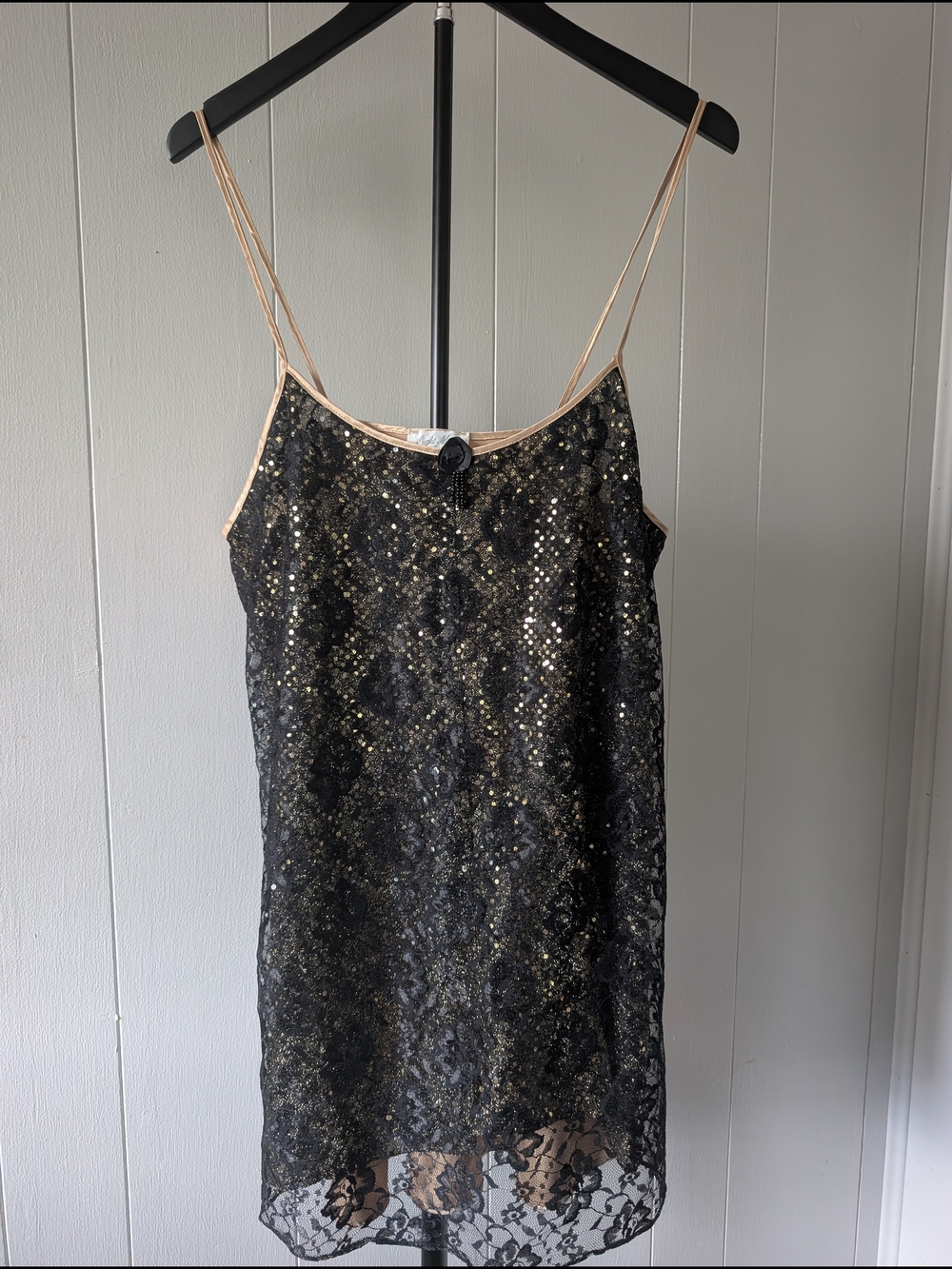 Vintage Night Magic Black Sequin Lace Slip Dress with Nude Trim